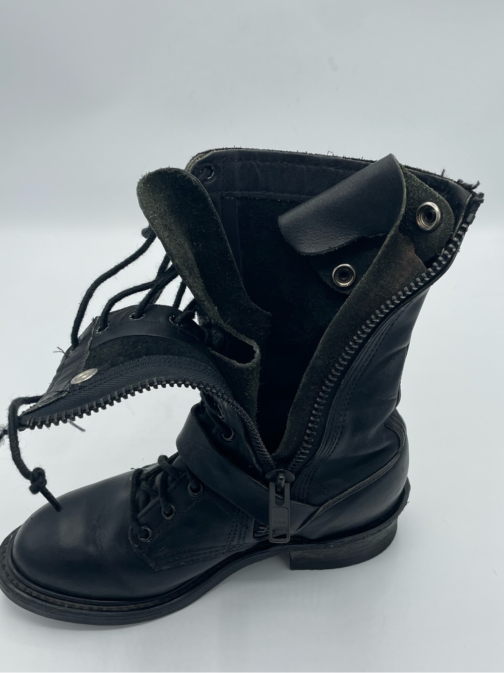 Double H Vintage Black Leather Lace-Up Combat Moto Boots with Buckle Strap. - Picture 13 of 16